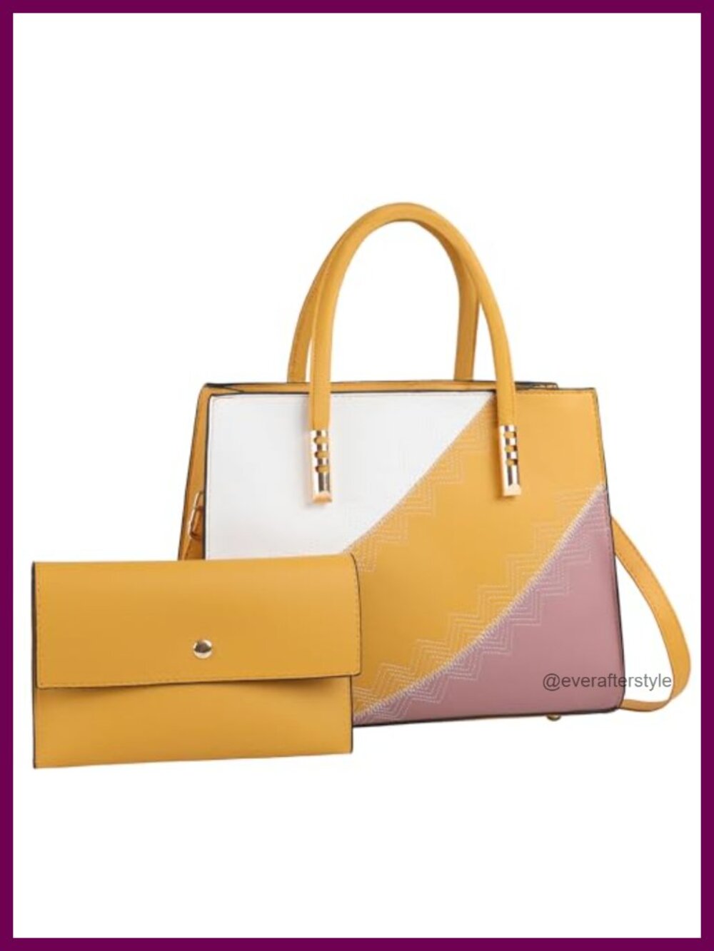 2-Piece PU Leather Color Block Tote & Clutch Handbag Set with Adjustable Strap